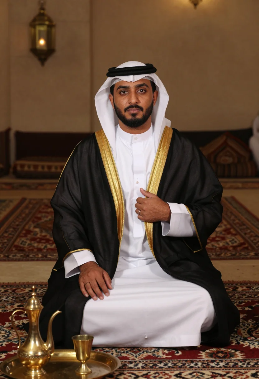 AI saudi thobe bisht sample — portrait of a man, three-quarter-length portrait of a Gulf-A