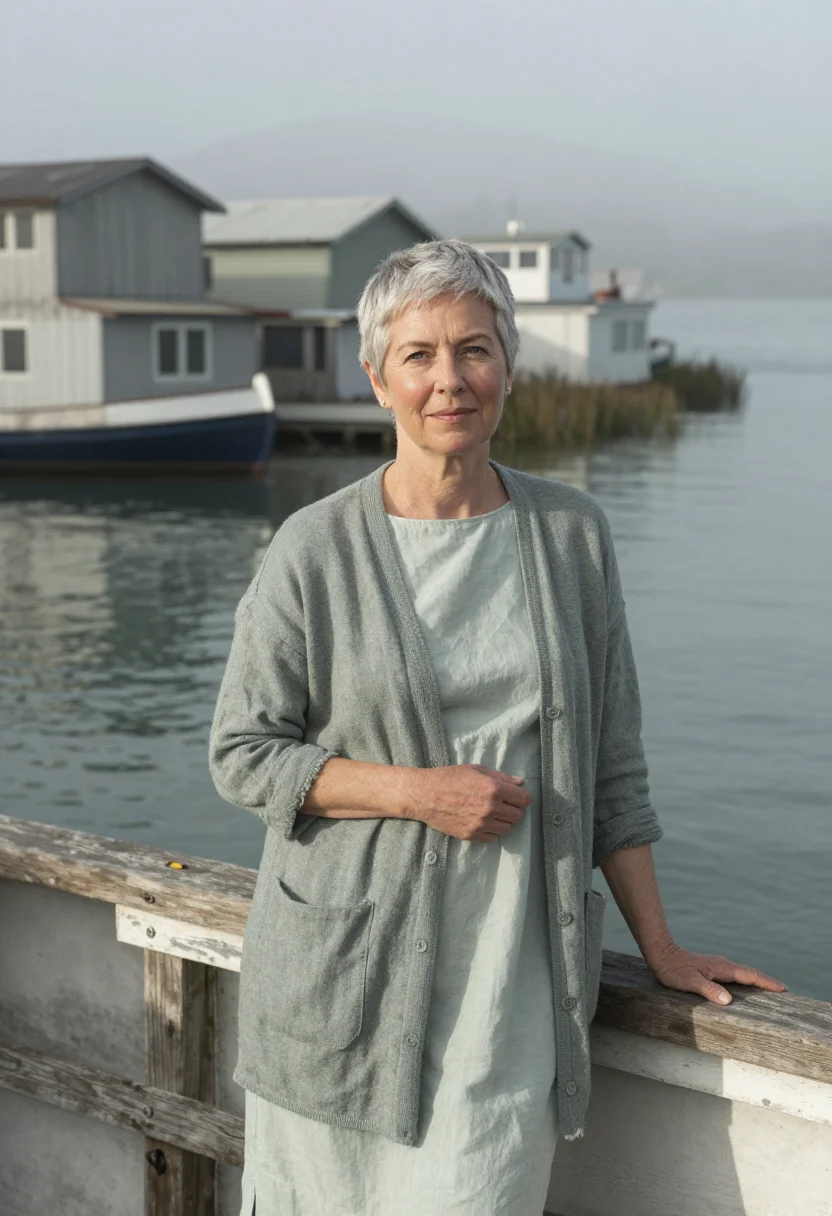 AI sausalito houseboat therapist bay grey sample — portrait of a woman, a therapist in her fifties with fair ro