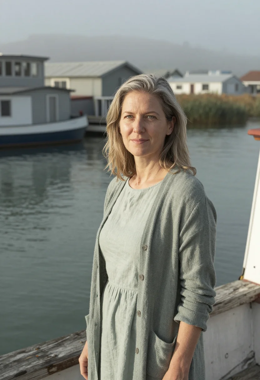 AI sausalito houseboat therapist bay grey sample — portrait of a woman, a therapist in her early forties with f