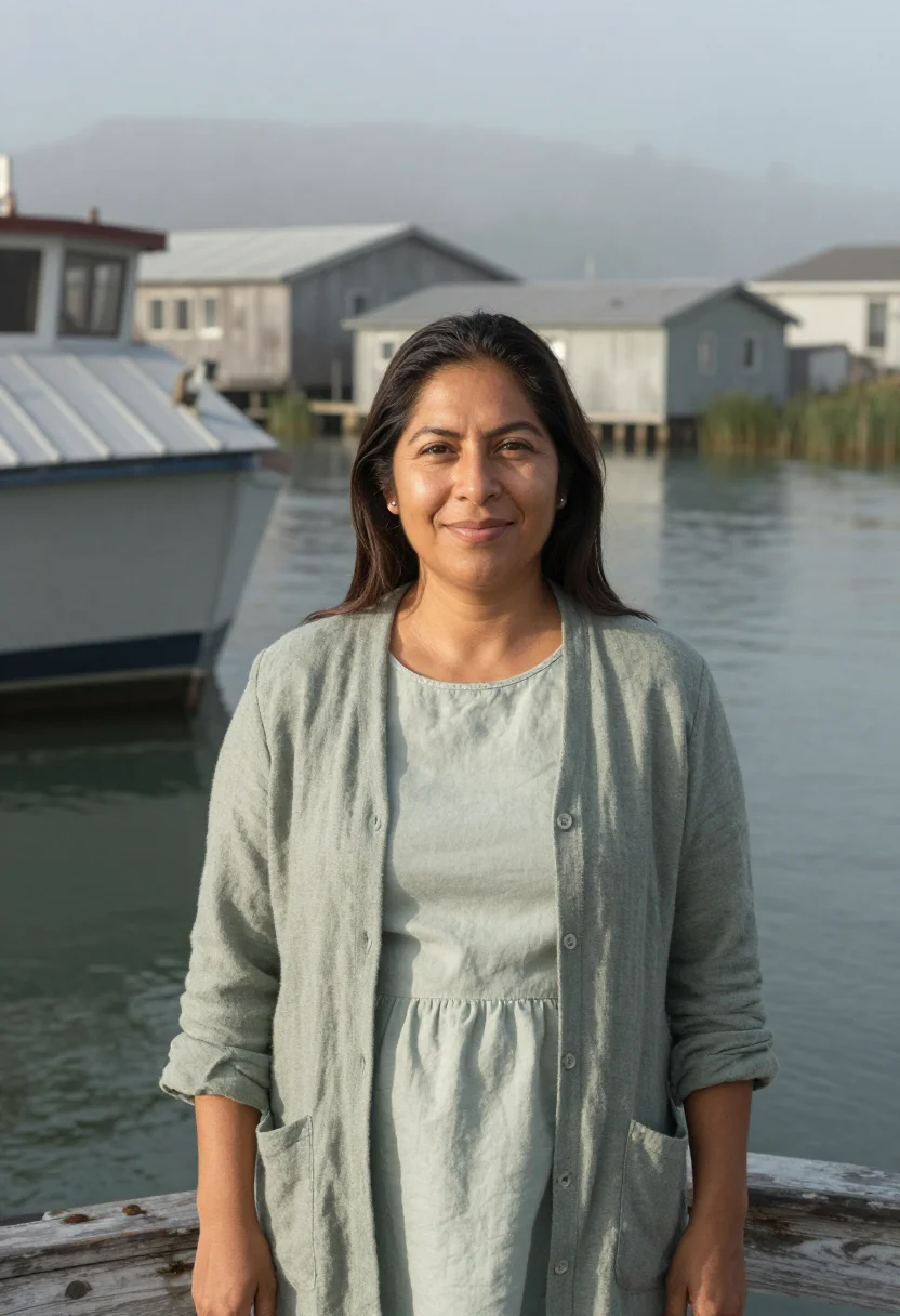 AI sausalito houseboat therapist bay grey sample — portrait of a woman, a Mexican-American therapist in her mid