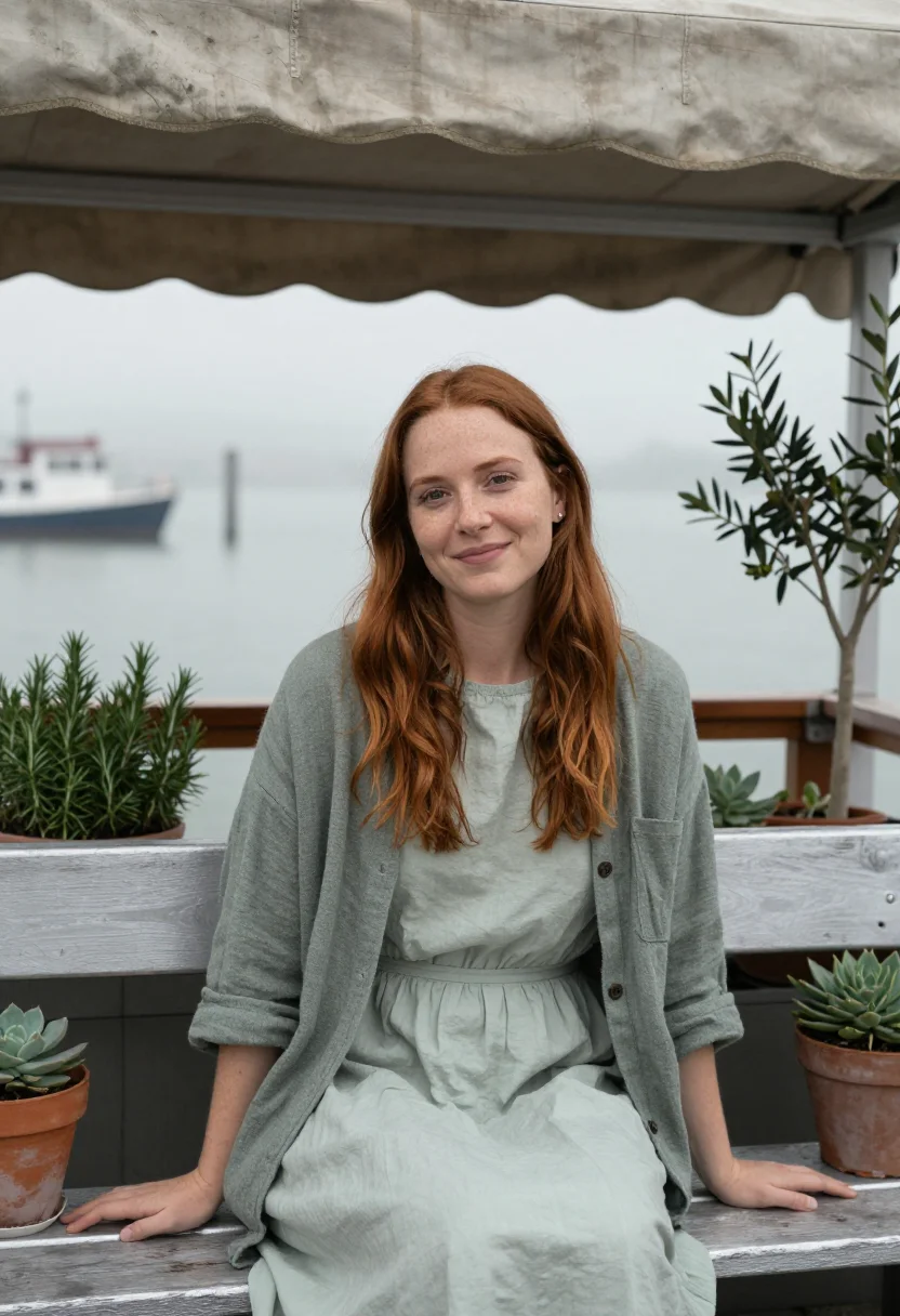 AI sausalito houseboat therapist bay grey sample — portrait of a woman, a therapist in her late twenties with f
