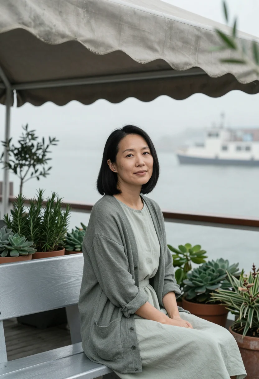 AI sausalito houseboat therapist bay grey sample — portrait of a woman, a Chinese-American therapist in her lat