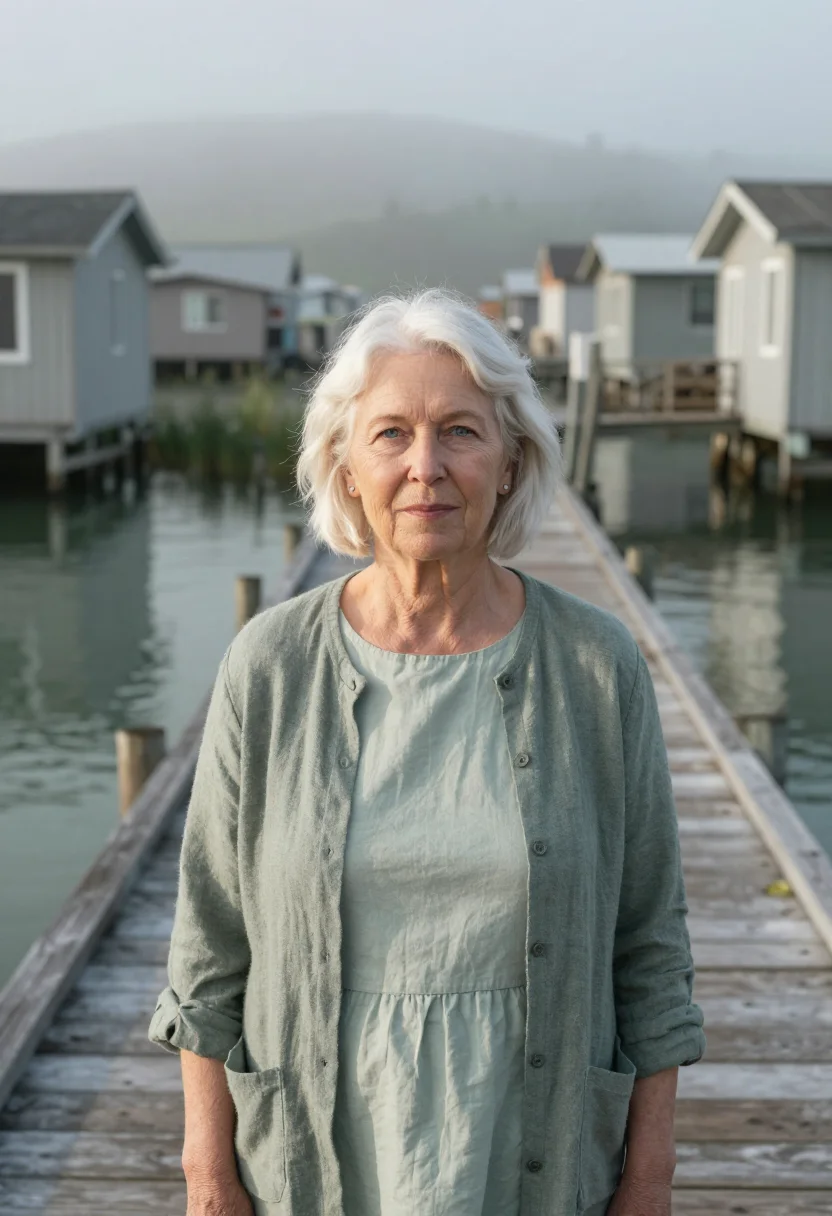 AI sausalito houseboat therapist bay grey sample — portrait of a woman, a therapist in her sixties with fair we