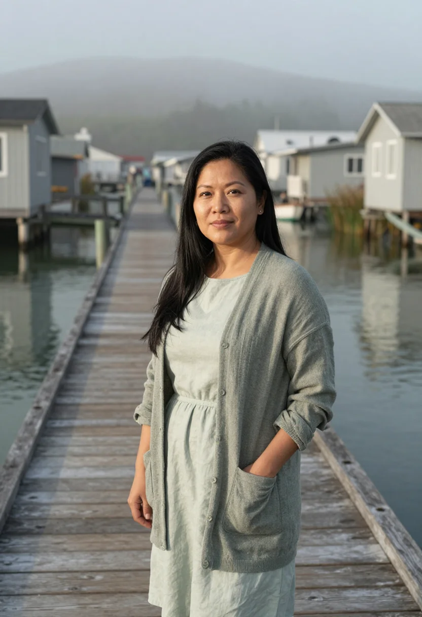 AI sausalito houseboat therapist bay grey sample — portrait of a woman, a Filipino-American therapist in her fo