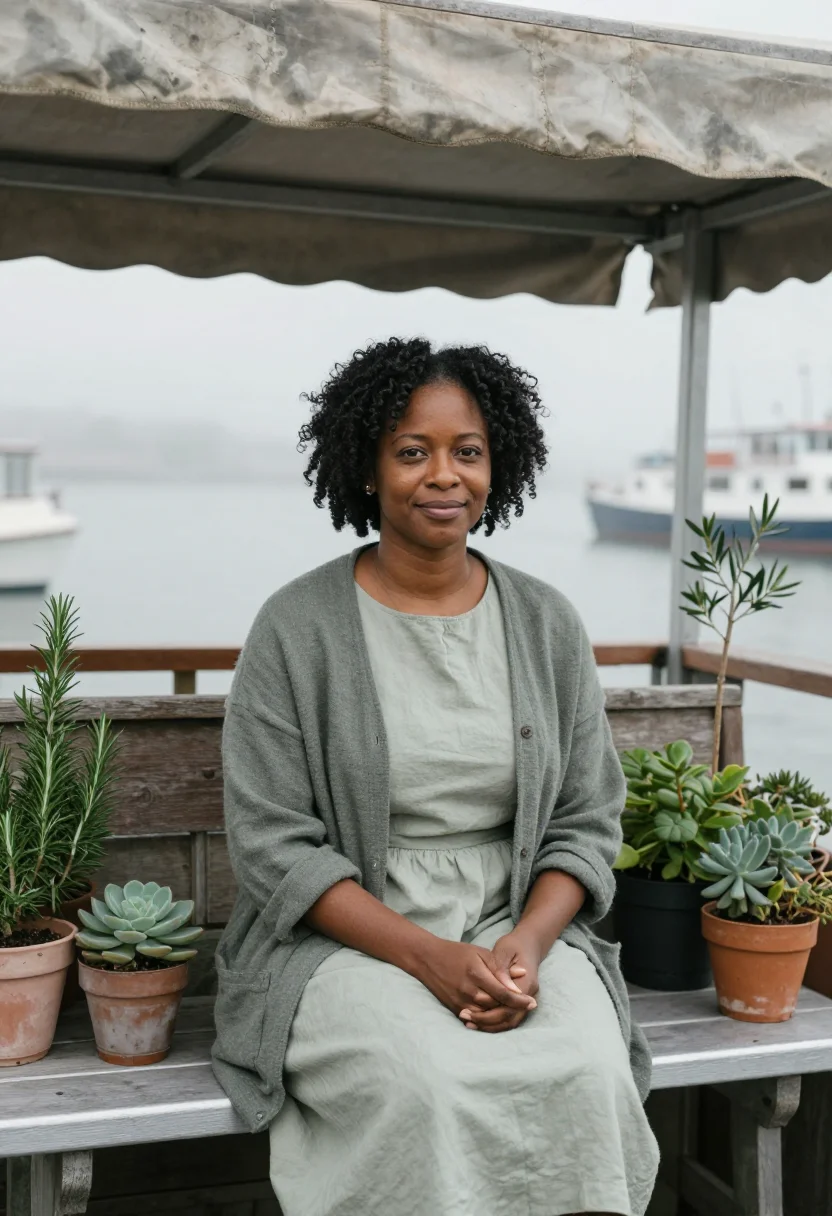 AI sausalito houseboat therapist bay grey sample — portrait of a woman, an African-American therapist in her fo