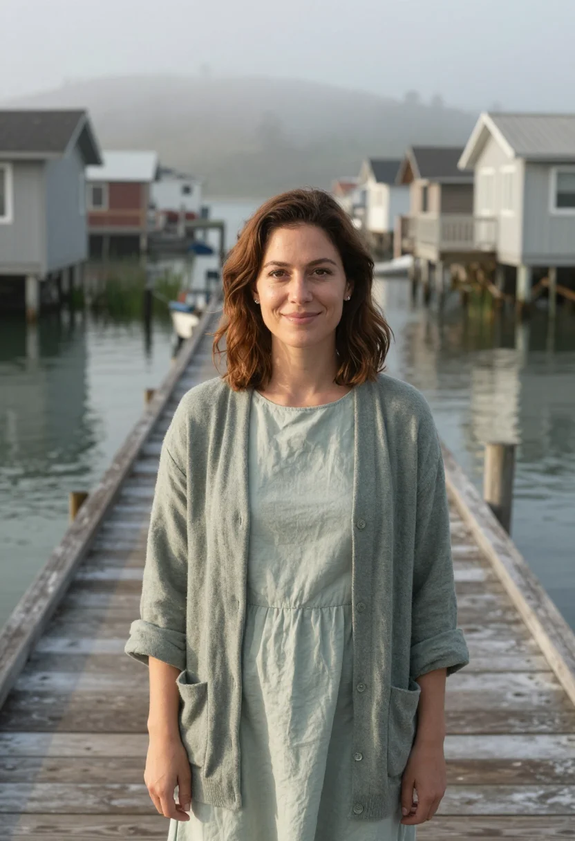 AI sausalito houseboat therapist bay grey sample — portrait of a woman, a therapist in her early thirties with