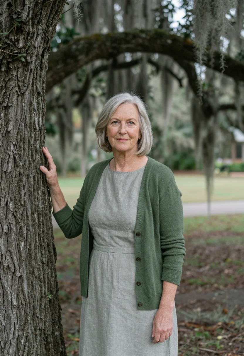 AI savannah art professor spanish moss sample — portrait of a woman, an art professor in her sixties with fa
