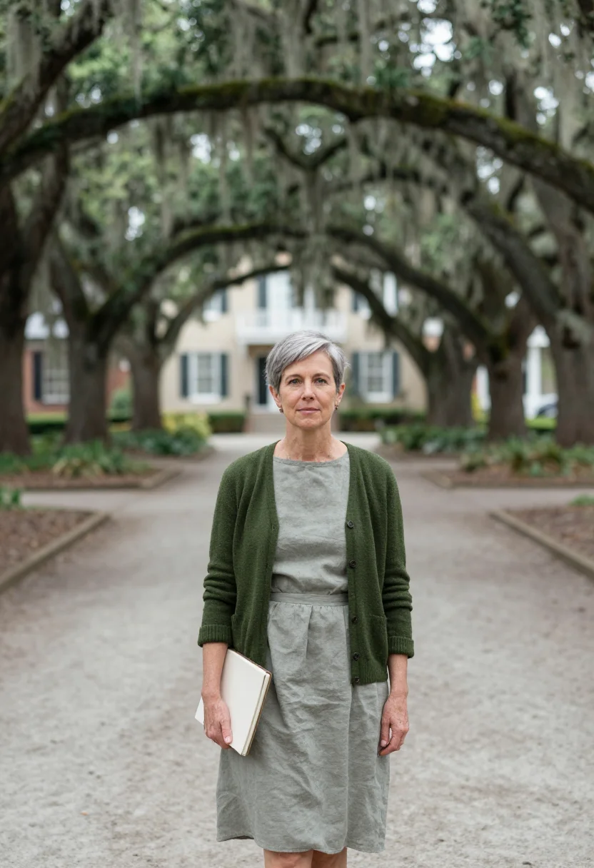 AI savannah art professor spanish moss sample — portrait of a woman, an art professor in her late fifties wi