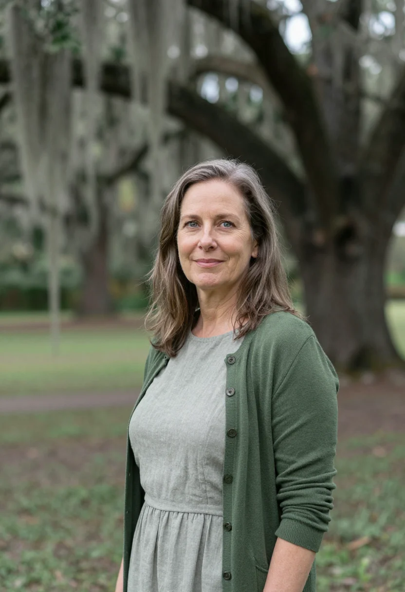 AI savannah art professor spanish moss sample — portrait of a woman, an art professor in her late forties wi