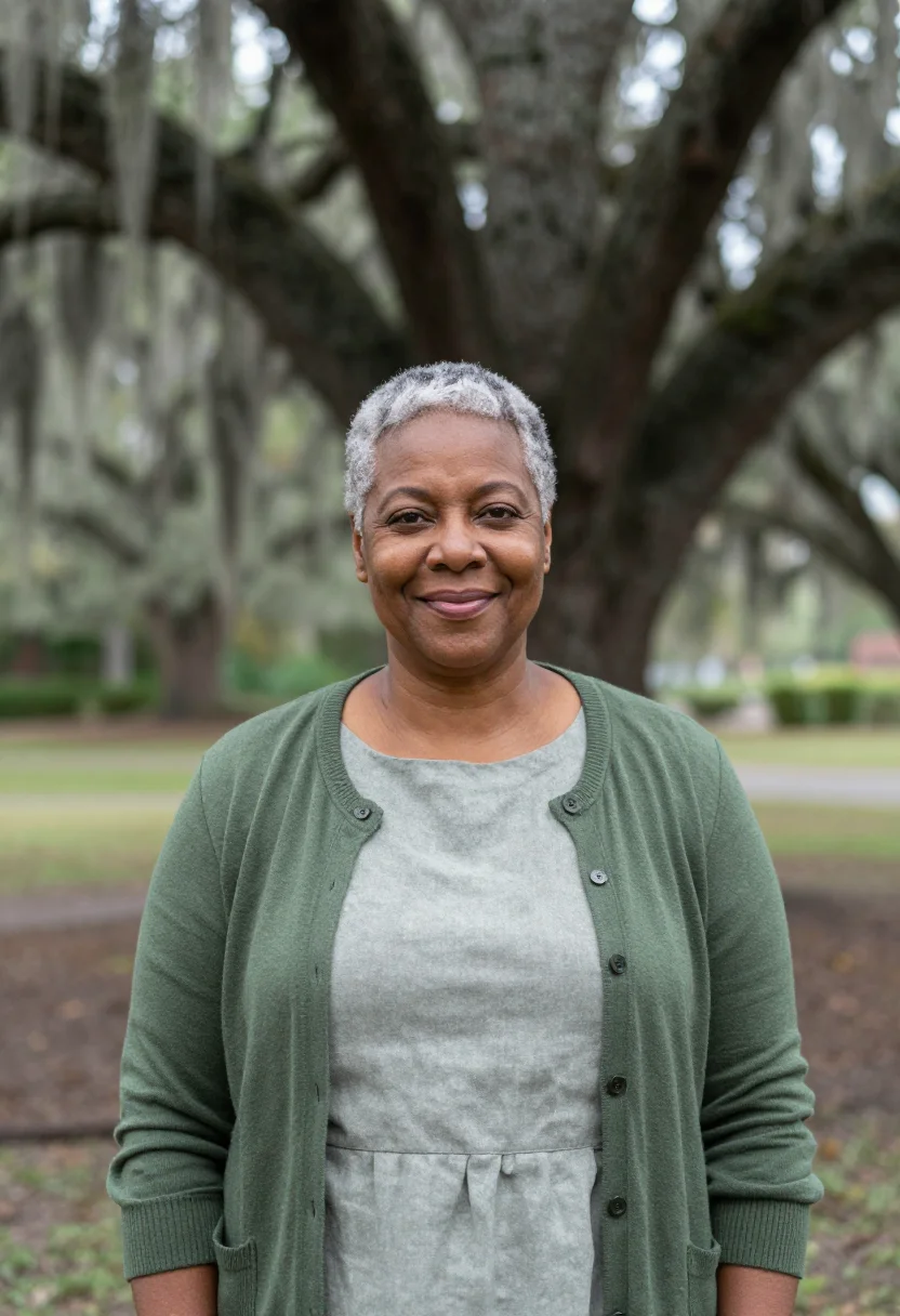 AI savannah art professor spanish moss sample — portrait of a woman, a Black art professor in her fifties wi