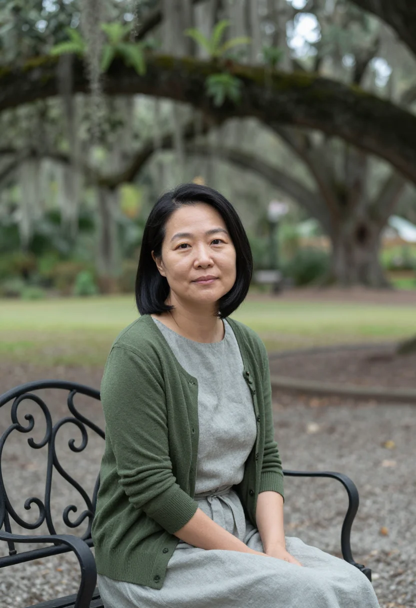 AI savannah art professor spanish moss sample — portrait of a woman, a Korean-American art professor in her