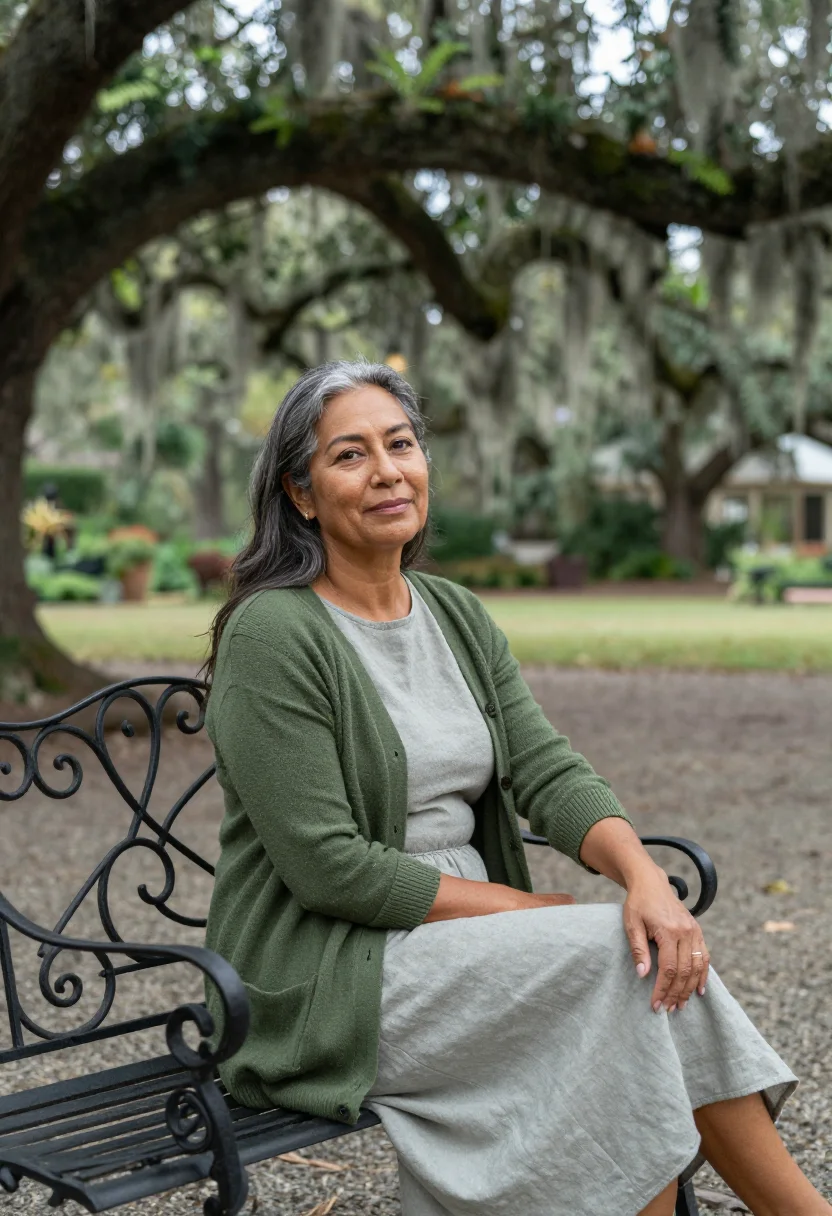 AI savannah art professor spanish moss sample — portrait of a woman, a Latina art professor in her fifties w