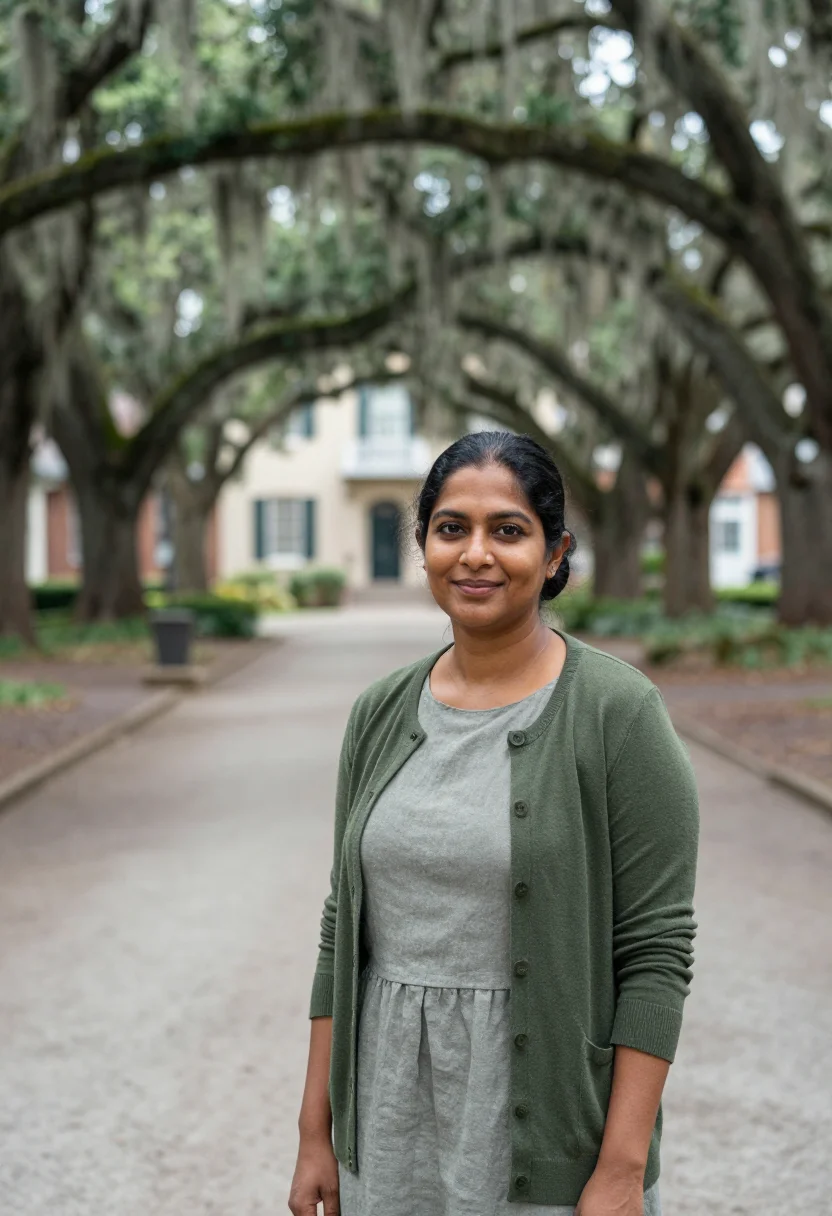 AI savannah art professor spanish moss sample — portrait of a woman, a South-Asian American art professor in