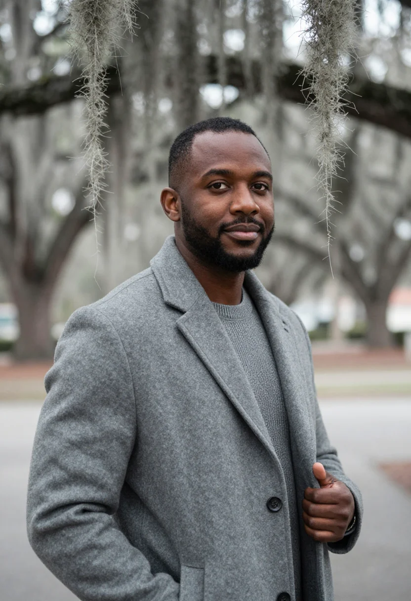 AI savannah spanish moss november grey sample — portrait of a man, framed chest-up, cropped at the ribs, the