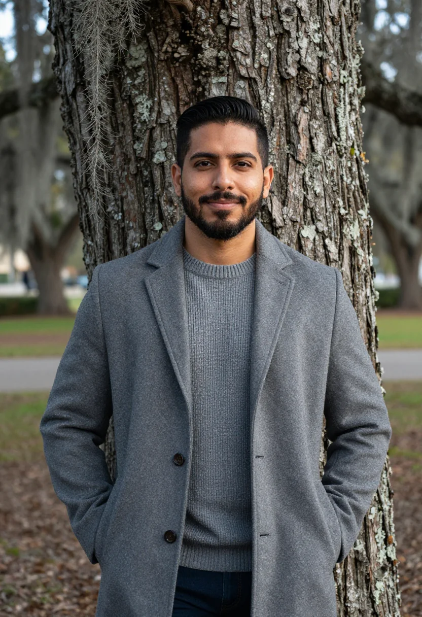 AI savannah spanish moss november grey sample — portrait of a man, framed from the knees up, the camera at w