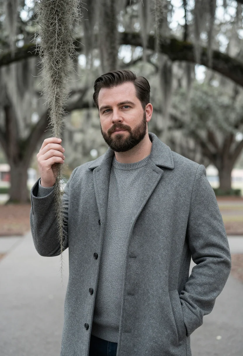 AI savannah spanish moss november grey sample — portrait of a man, framed waist-up, the camera at chest heig