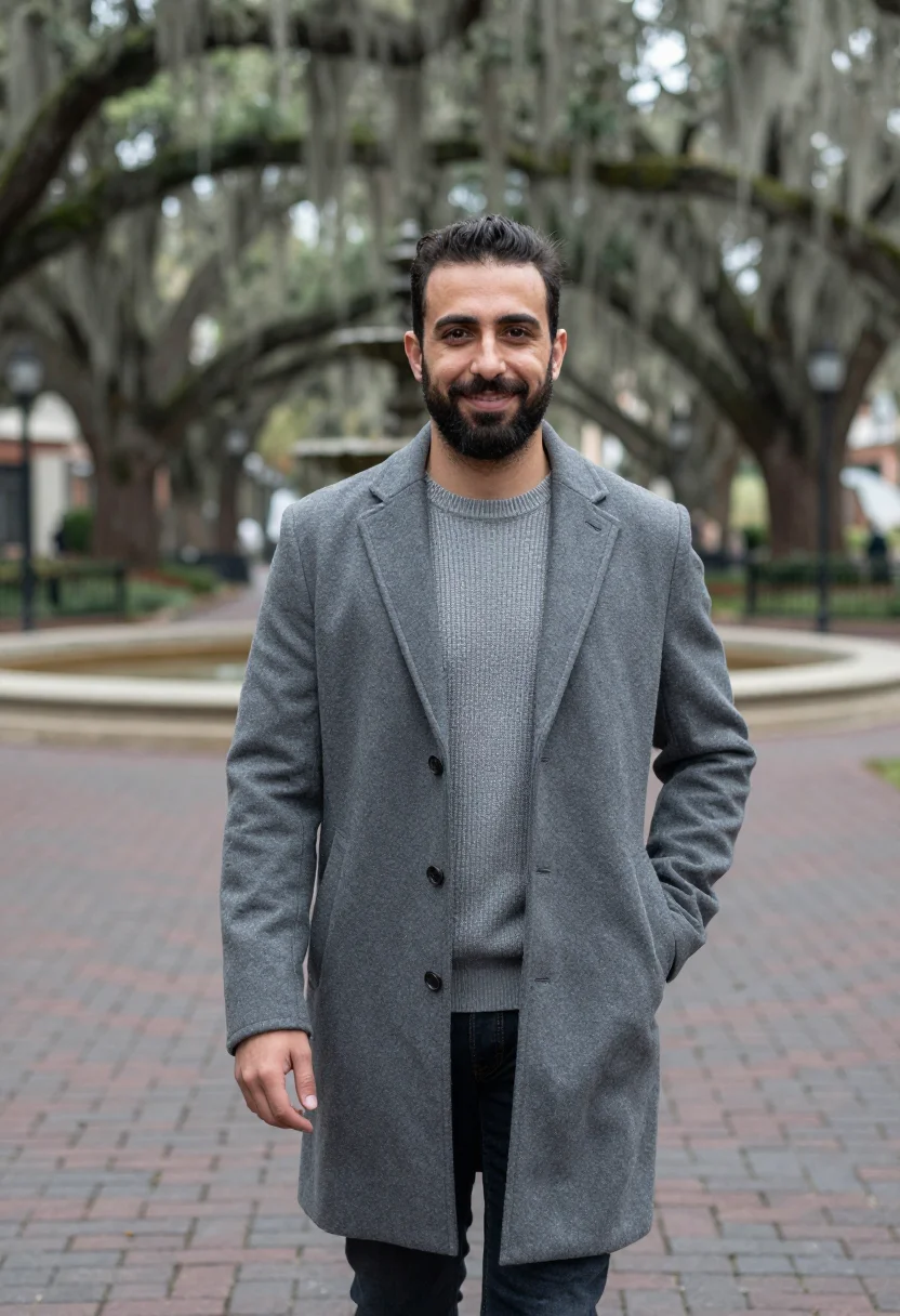 AI savannah spanish moss november grey sample — portrait of a man, framed half-length, cropped at the hips,