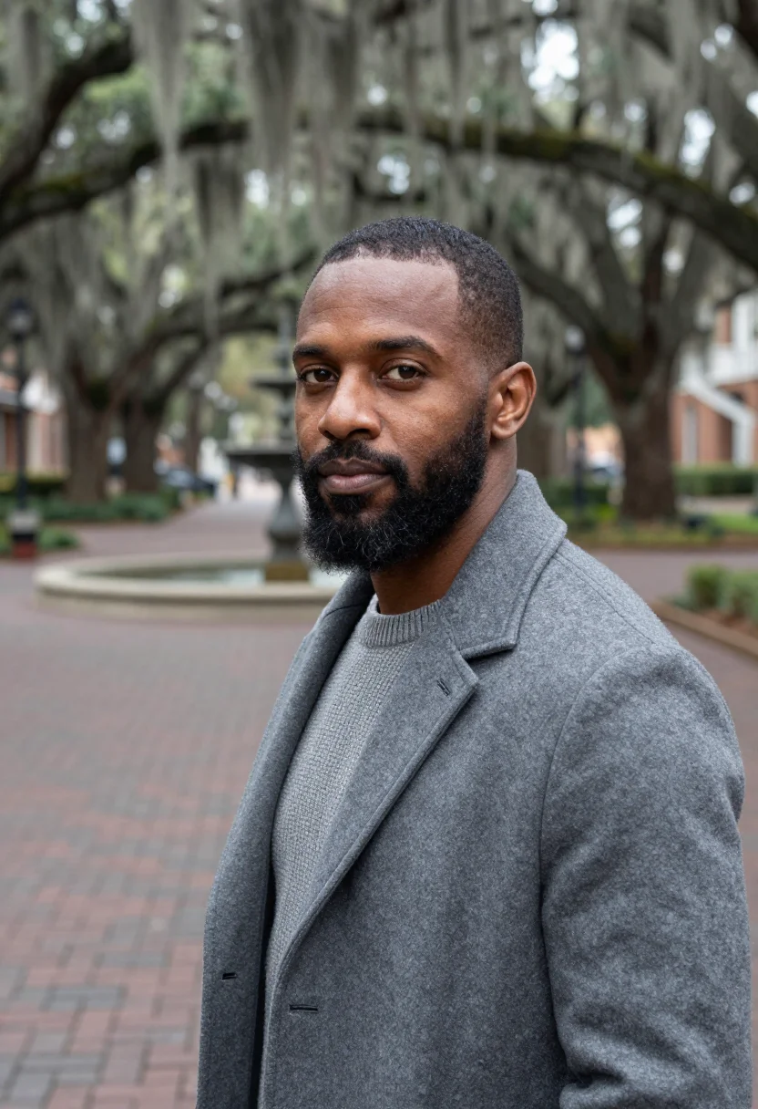 AI savannah spanish moss november grey sample — portrait of a man, framed tight, head and shoulders, the bod