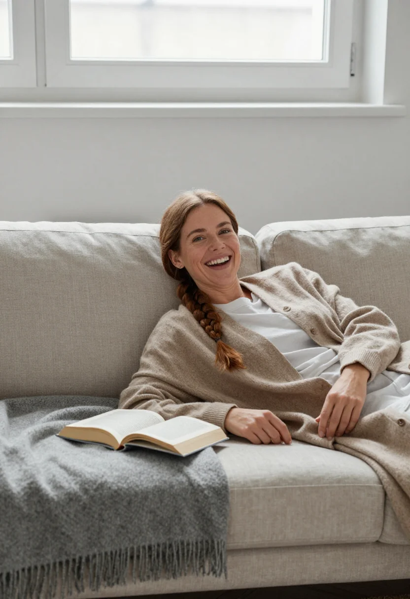 AI scandi apartment sample — portrait of a woman, half-length photograph of a Western-Eur