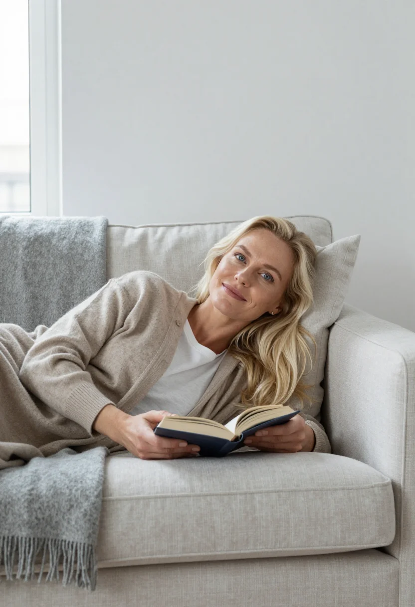 AI scandi apartment sample — portrait of a woman, chest-up photograph of a Danish woman i