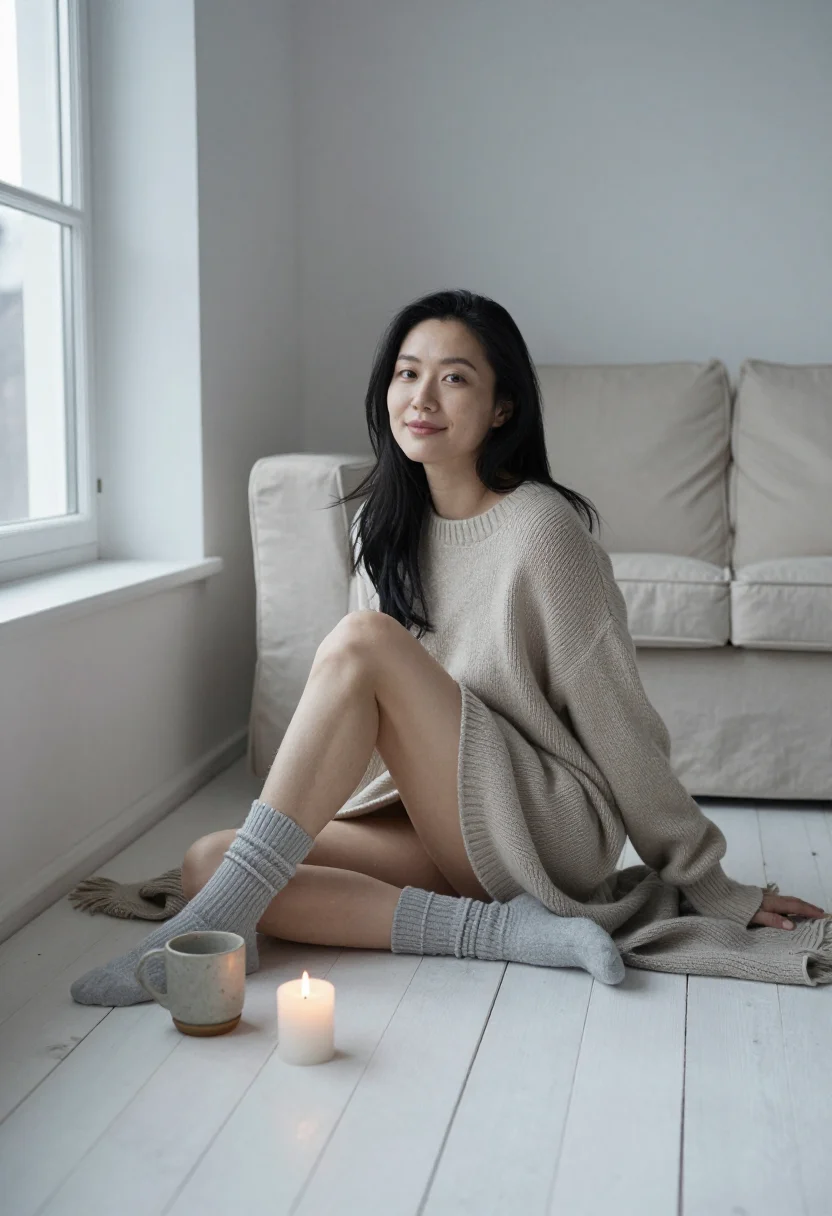 AI scandi apartment sample — portrait of a woman, full-length photograph of an East-Asian