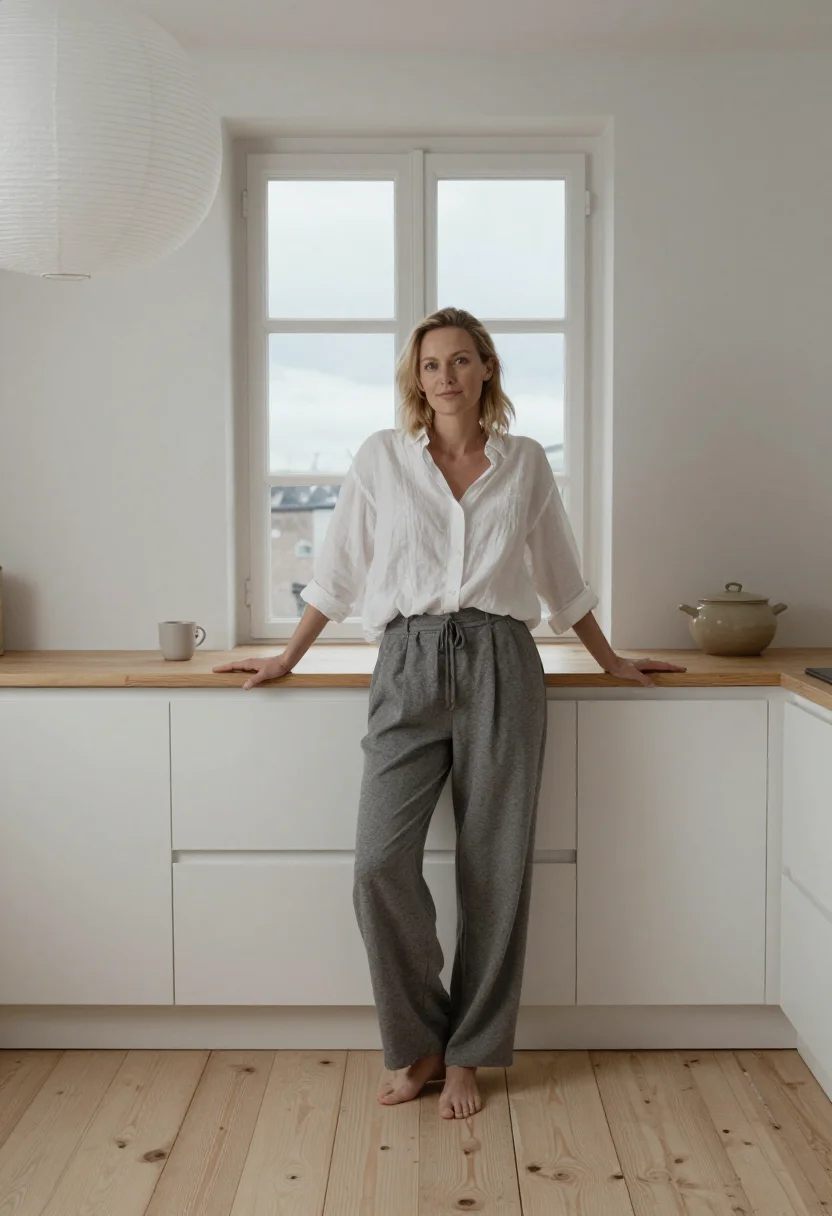 AI scandi apartment sample — portrait of a woman, full-length photograph of a Northern-Eu