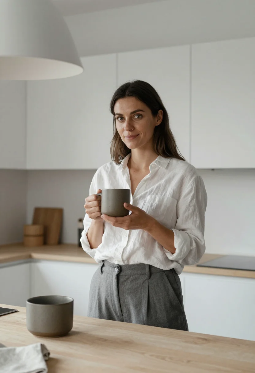AI scandi apartment sample — portrait of a woman, chest-up photograph of a Western-Europe