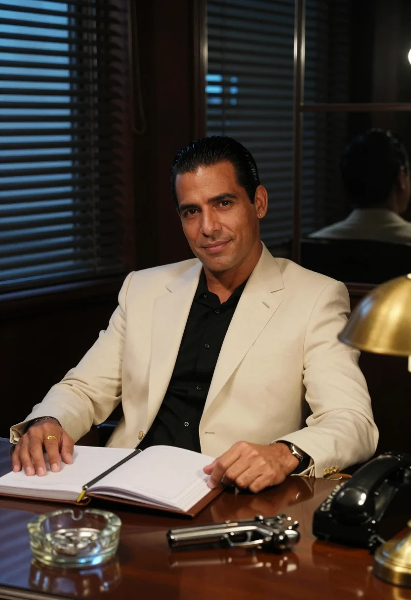 AI scarface miami sample — portrait of a man, seated three-quarter portrait of a Cuban-
