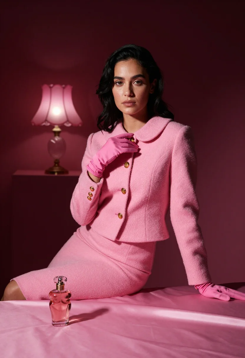 AI schiaparelli pink sample — portrait of a woman, a woman in her early thirties with warm