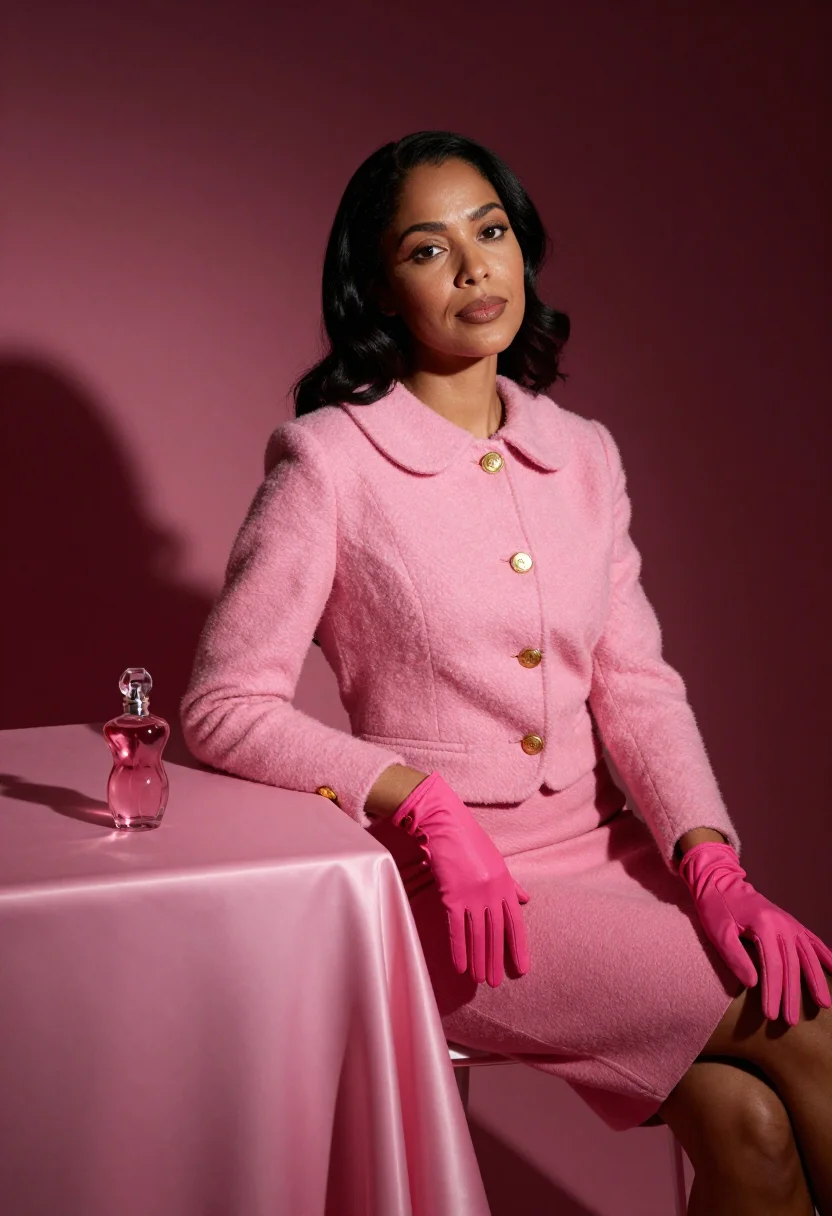 AI schiaparelli pink sample — portrait of a woman, a woman in her late thirties with warm