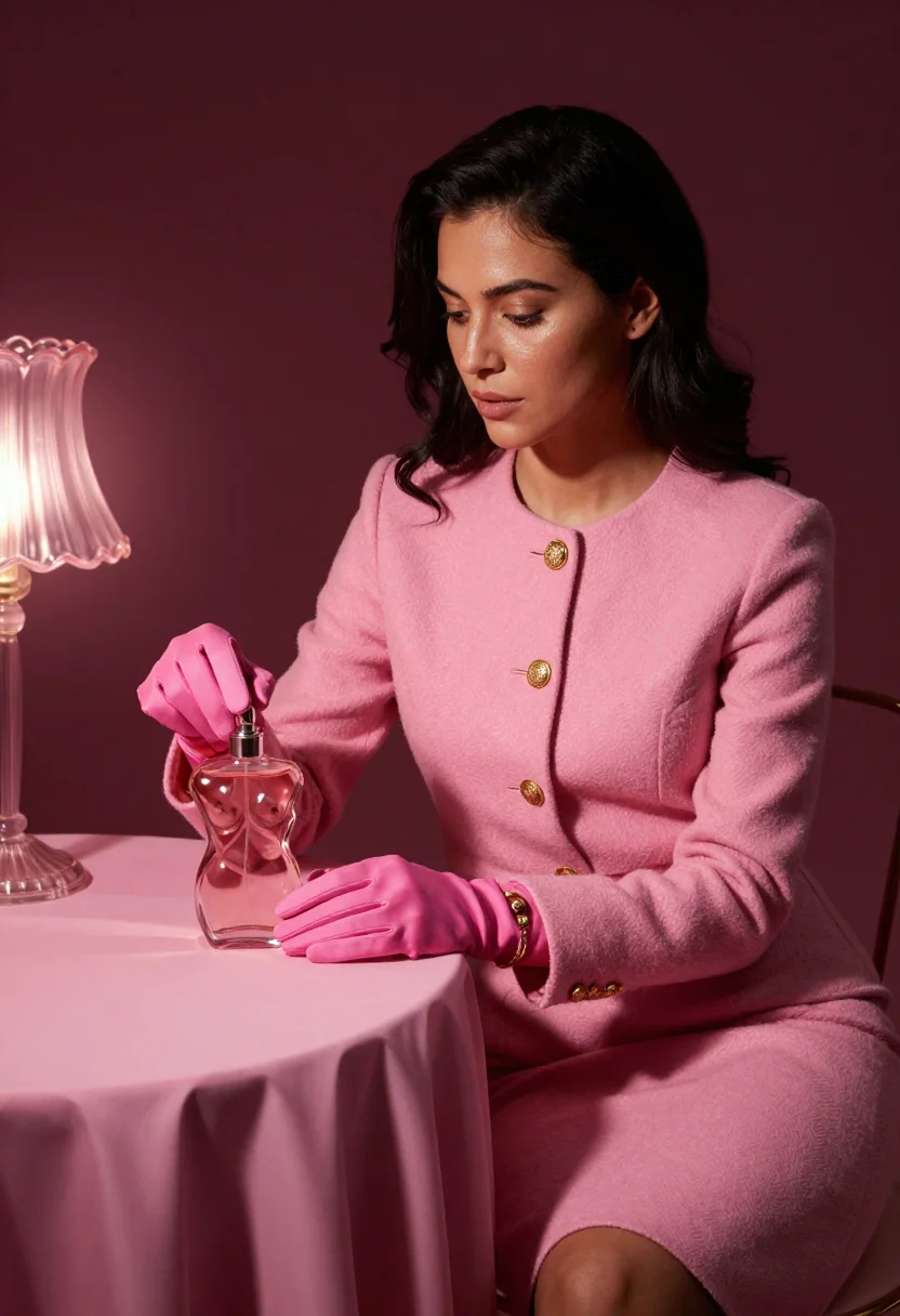 AI schiaparelli pink sample — portrait of a woman, a woman in her mid-thirties with golden