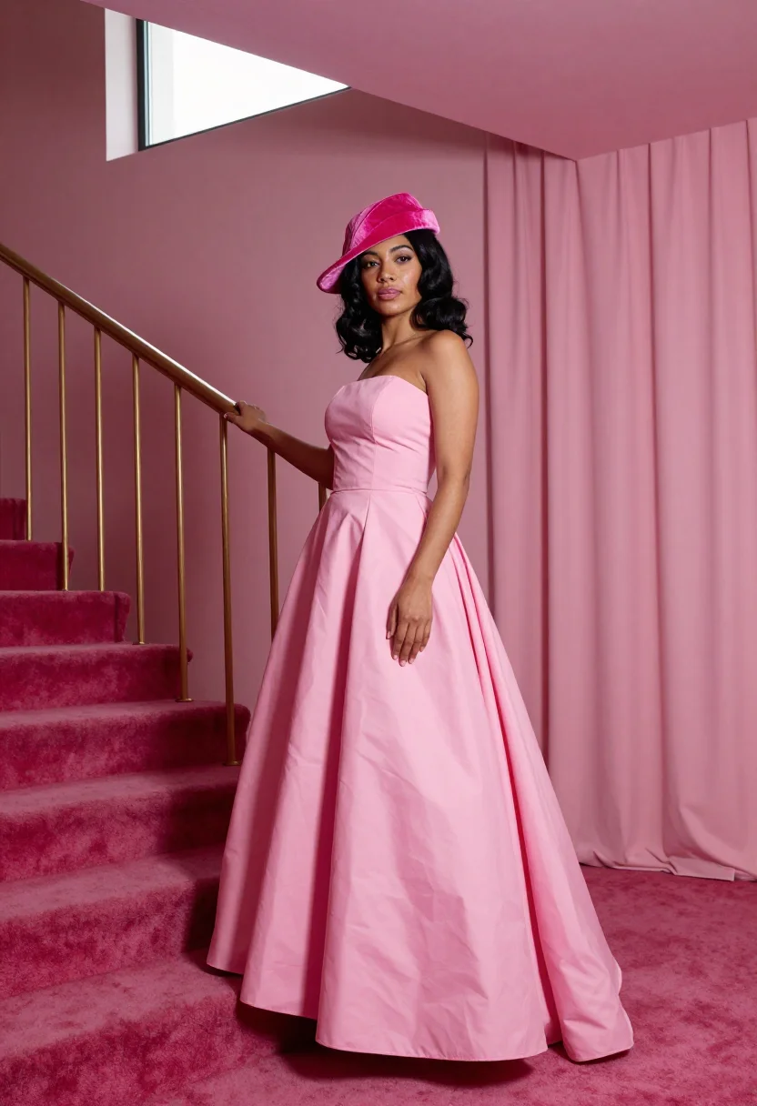 AI schiaparelli pink sample — portrait of a woman, a woman in her thirties with olive skin