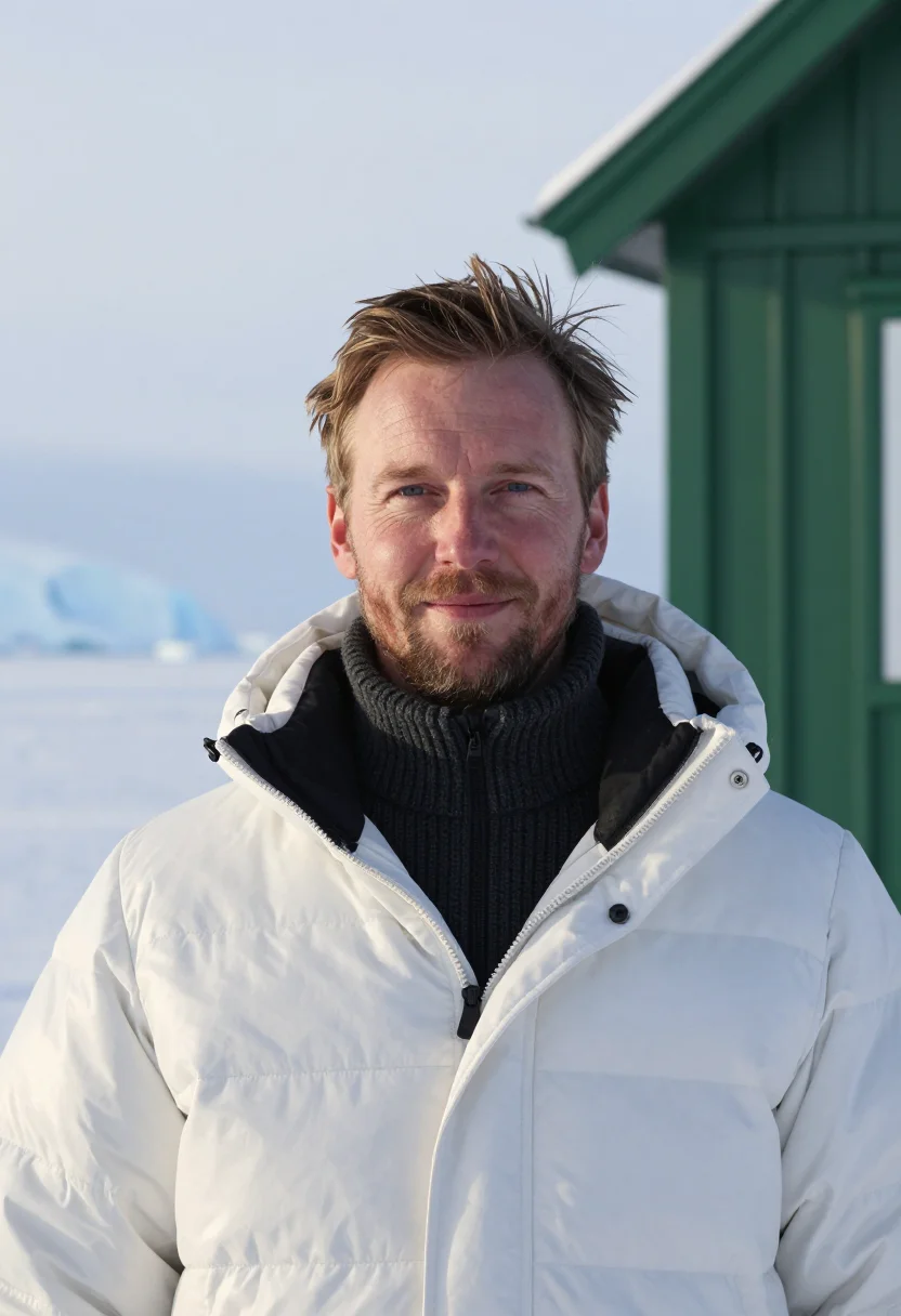 AI scott base glaciologist ice white green huts sample — portrait of a man, framed tight, head and shoulders, the bod