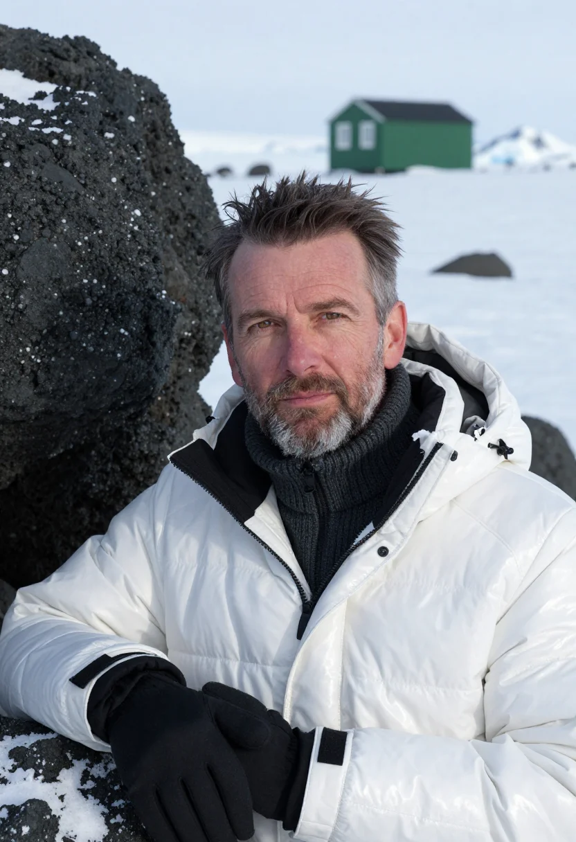 AI scott base glaciologist ice white green huts sample — portrait of a man, framed chest-up, the camera at eye level,