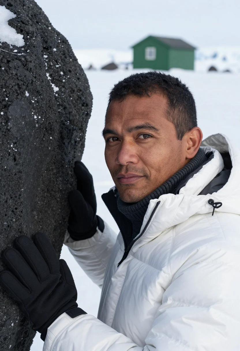 AI scott base glaciologist ice white green huts sample — portrait of a man, framed tight, head and shoulders, the bod