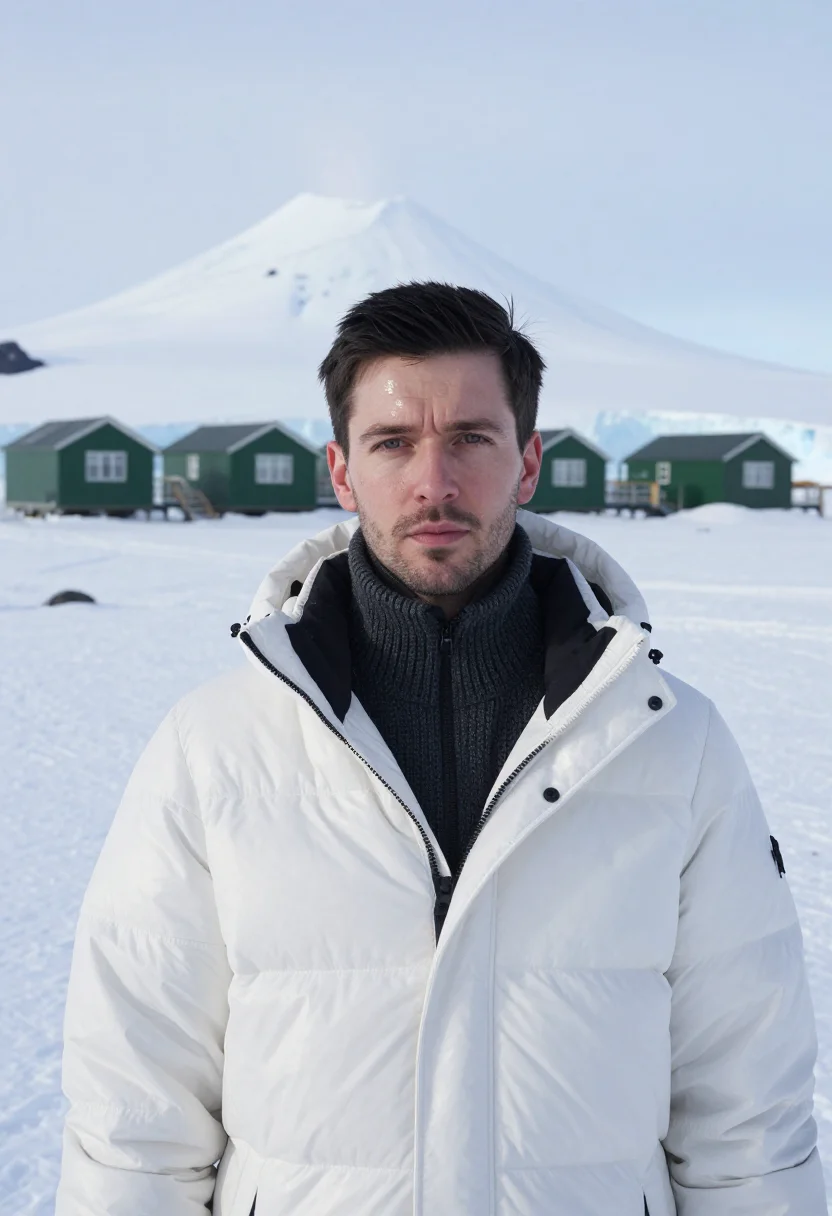 AI scott base glaciologist ice white green huts sample — portrait of a man, framed chest-up, the camera at eye level,