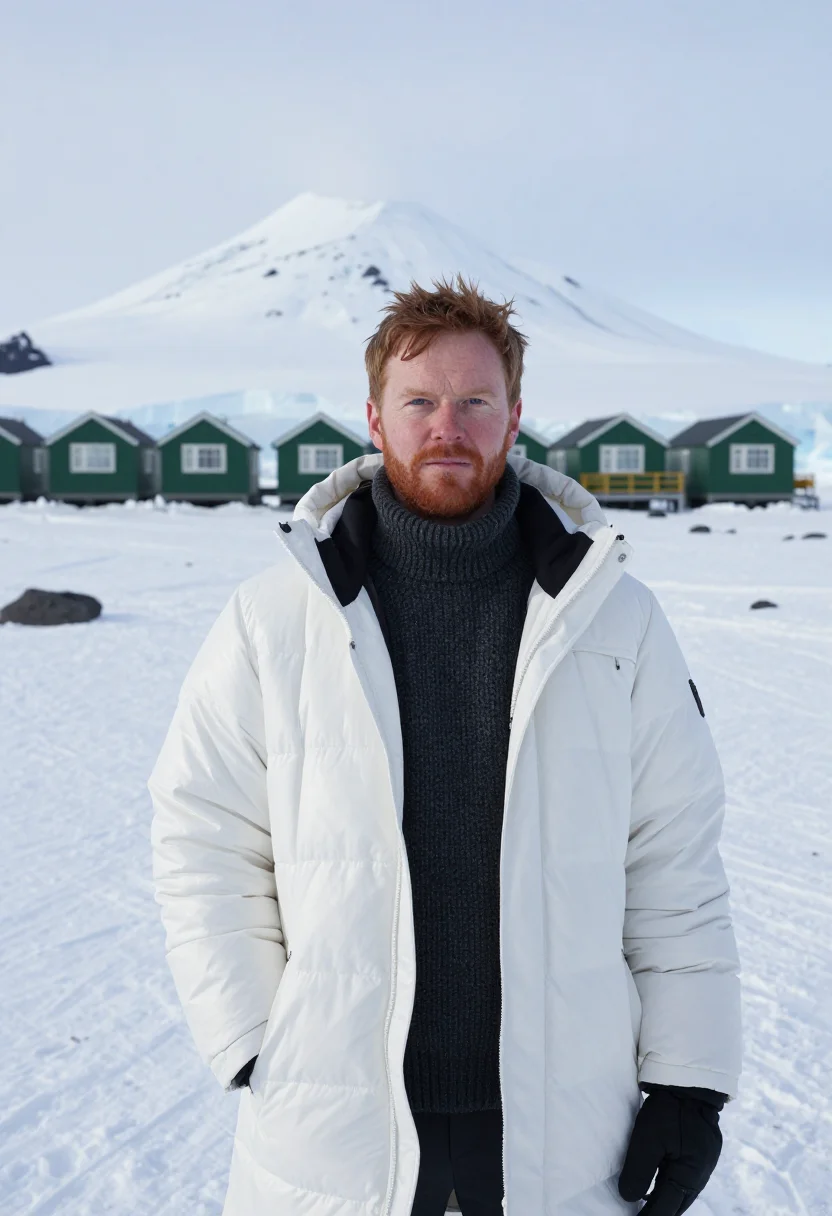 AI scott base glaciologist ice white green huts sample — portrait of a man, framed half-length from the head to the h