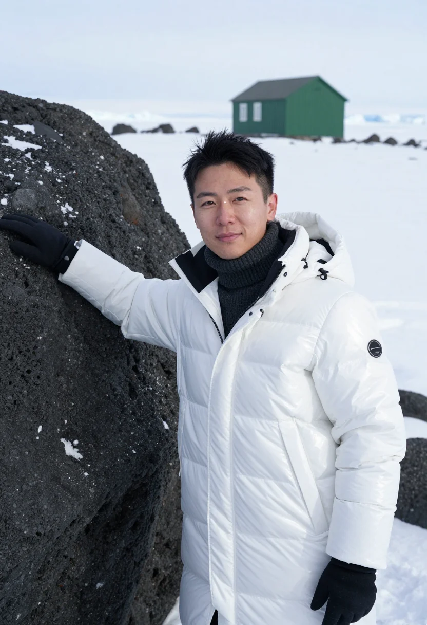 AI scott base glaciologist ice white green huts sample — portrait of a man, framed half-length from the head to the h