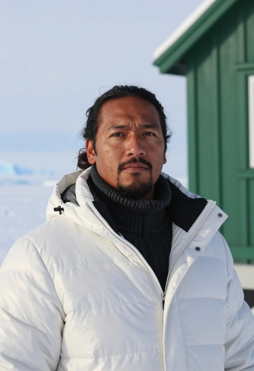 AI scott base glaciologist ice white green huts sample — portrait of a man, framed chest-up, the camera at eye level,