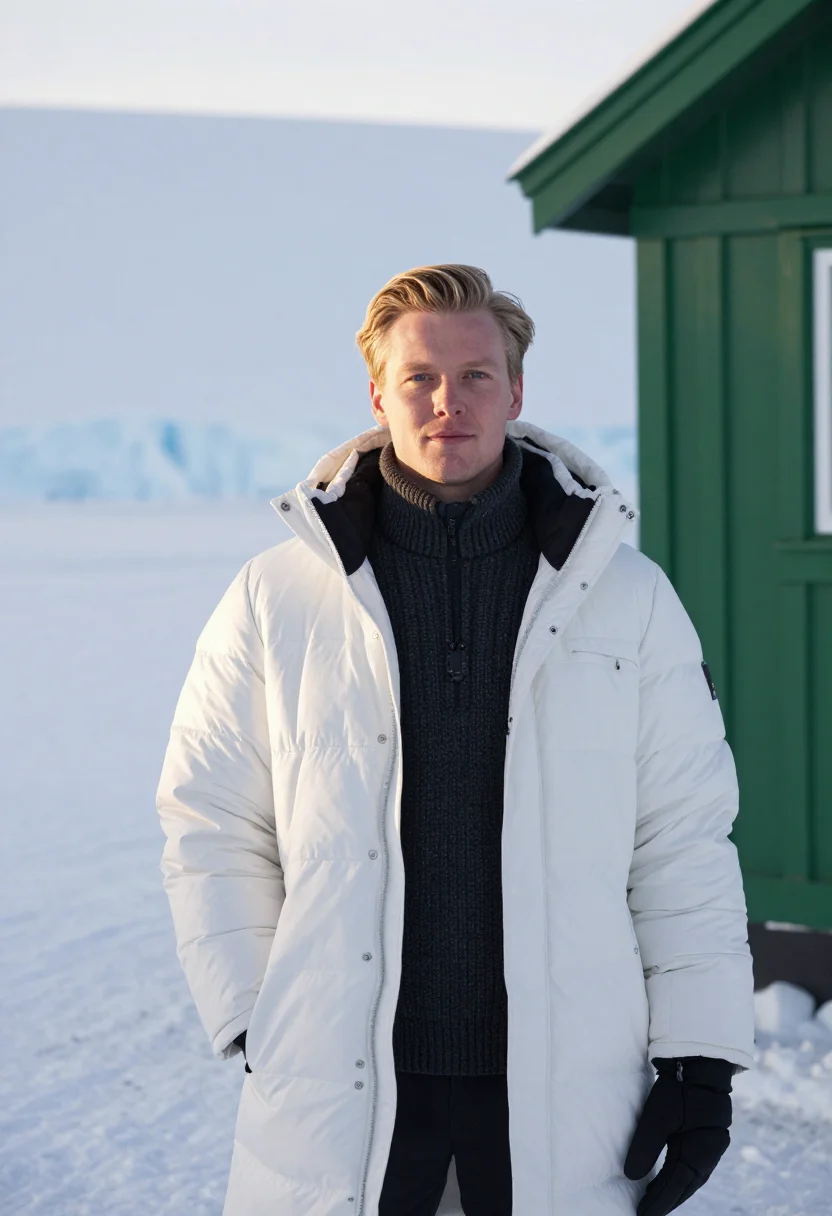 AI scott base glaciologist ice white green huts sample — portrait of a man, framed from the head to the waist, the ca