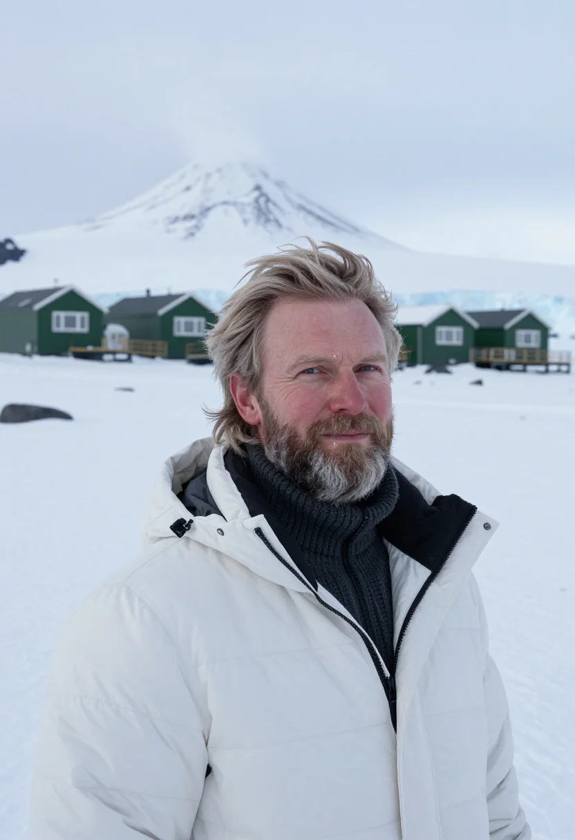 AI scott base glaciologist ice white green huts sample — portrait of a man, framed tight, head and shoulders, the bod