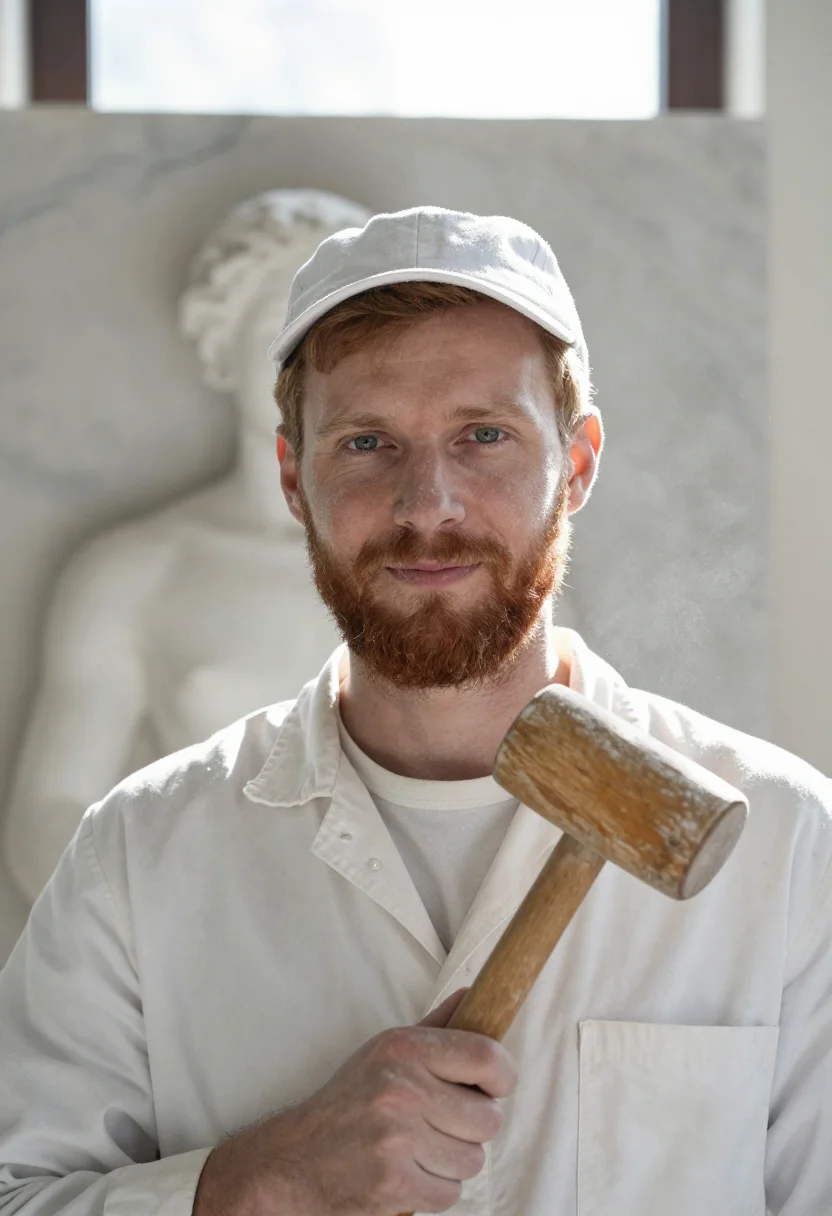 AI sculptor marble white sample — portrait of a man, framed head and shoulders, tighter, the b