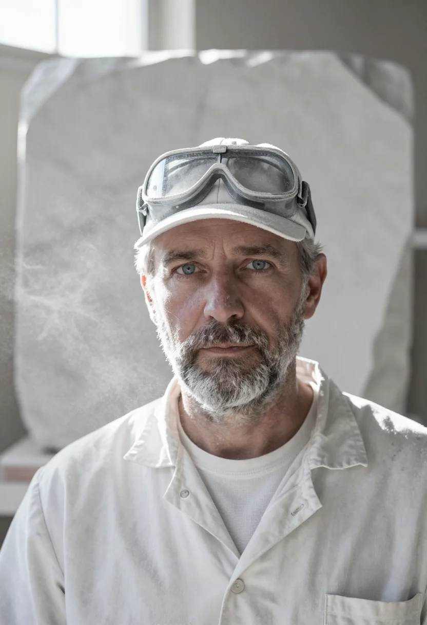 AI sculptor marble white sample — portrait of a man, framed tight on the head, the body close