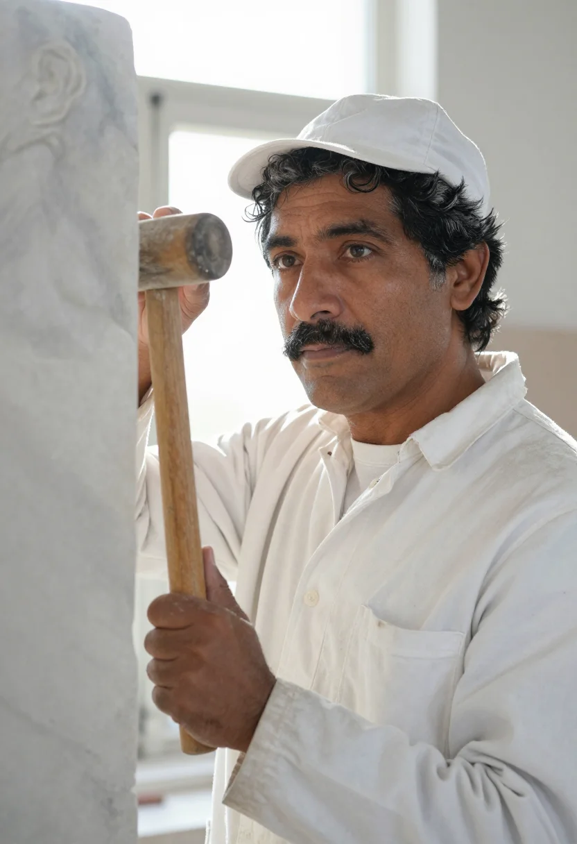 AI sculptor marble white sample — portrait of a man, framed chest-up from the ribs, the body c