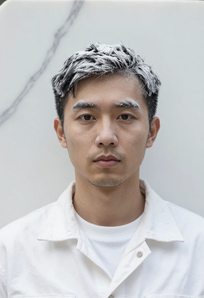 AI sculptor marble white sample — portrait of a man, framed chest-up from the ribs, the body c