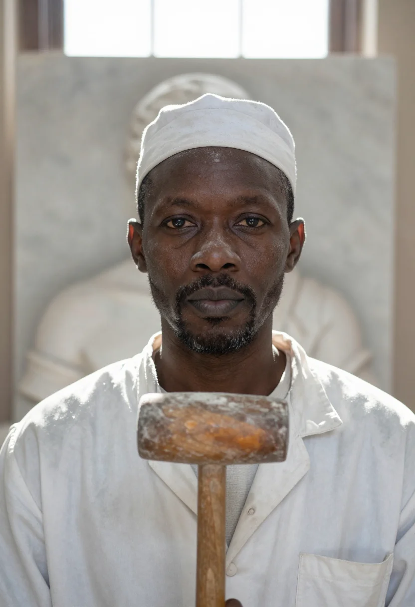 AI sculptor marble white sample — portrait of a man, framed tight on the head, the body close