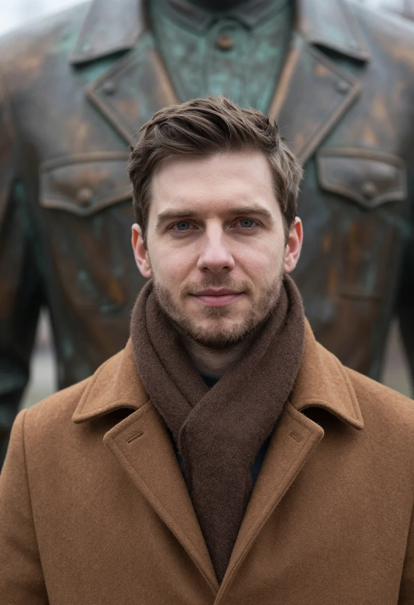 AI sculpture park bronze sample — portrait of a man, framed as a tight headshot from the crown