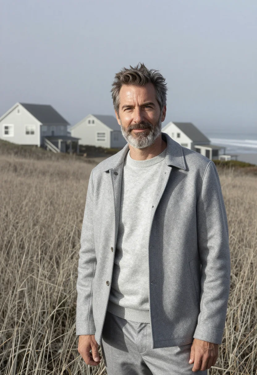 AI sea ranch realtor meadow silver sample — portrait of a man, in his late forties, with fair skin, gree