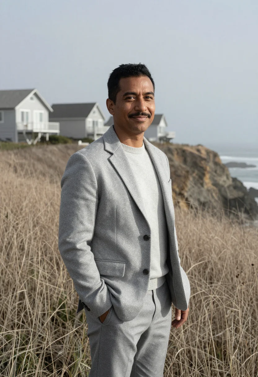 AI sea ranch realtor meadow silver sample — portrait of a man, in his late thirties, with warm olive-bro