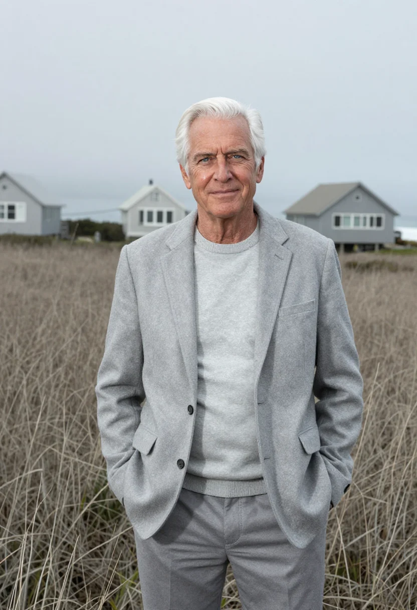 AI sea ranch realtor meadow silver sample — portrait of a man, in his sixties, with tanned fair skin, pa
